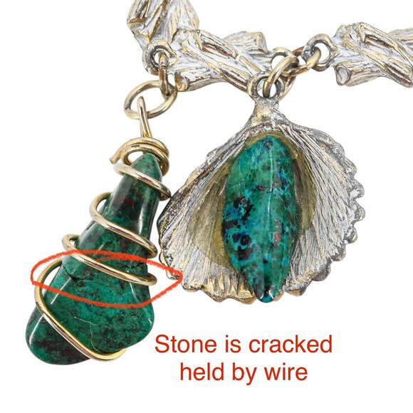 Ornate Figural Mid Century Charm Bracelet Nautical Style Shells Green Stones 7” - Picture 2 of 7